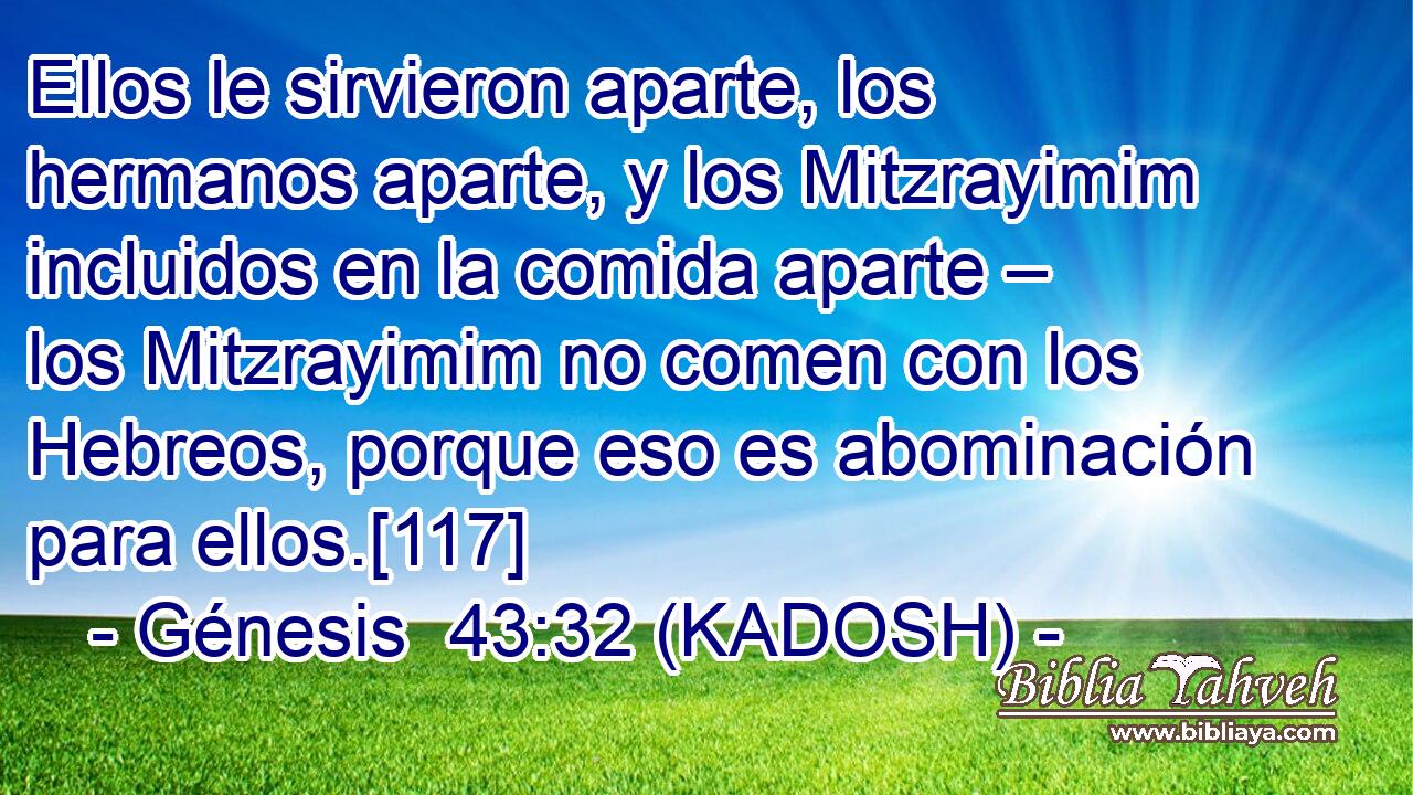  Ellos le sirvieron aparte, los hermanos aparte, y los Mitzrayimim incluidos en la comida aparte – los Mitzrayimim no comen con los Hebreos, porque eso es abominación para ellos.[117] 