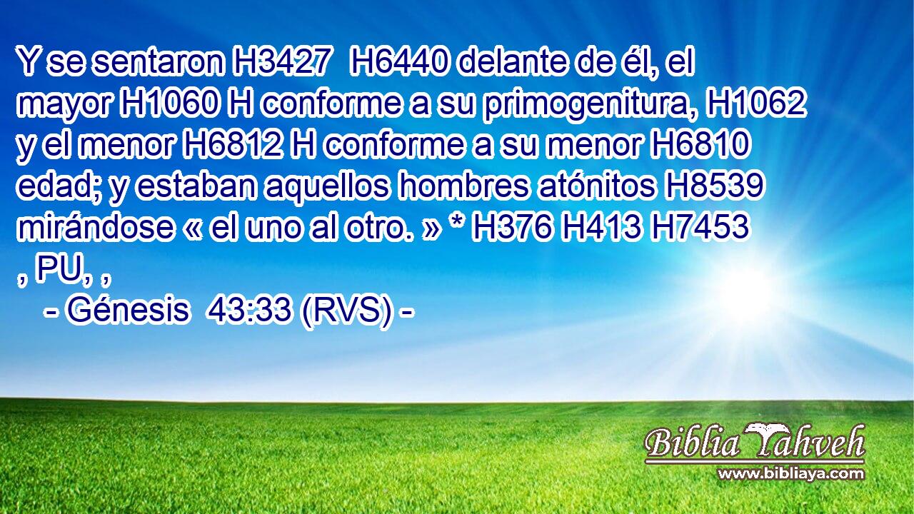 Y se sentaron H3427  H6440 delante de él, el mayor H1060 H conforme a su primogenitura, H1062  y el menor H6812 H conforme a su menor H6810  edad; y estaban aquellos hombres atónitos H8539  mirándose « el uno al otro. » * H376 H413 H7453 , PU, ,  