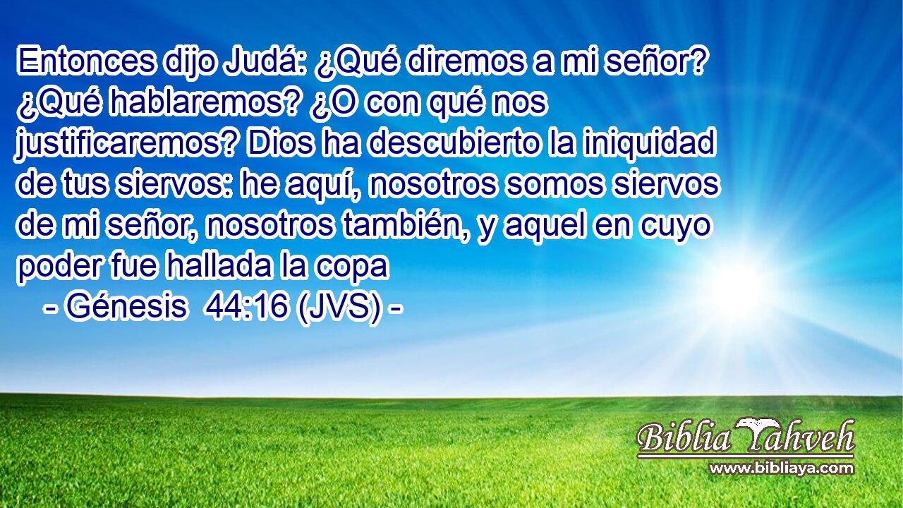 Entonces dijo Judá: ¿Qué diremos a mi señor? ¿Qué hablaremos? ¿O con qué nos justificaremos? Dios ha descubierto la iniquidad de tus siervos: he aquí, nosotros somos siervos de mi señor, nosotros también, y aquel en cuyo poder fue hallada la copa