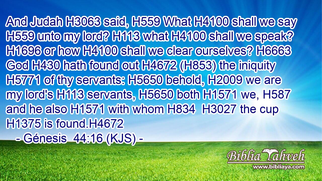 And Judah H3063 said, H559 What H4100 shall we say H559 unto my lord? H113 what H4100 shall we speak? H1696 or how H4100 shall we clear ourselves? H6663 God H430 hath found out H4672 (H853) the iniquity H5771 of thy servants: H5650 behold, H2009 we are my lord's H113 servants, H5650 both H1571 we, H587 and he also H1571 with whom H834  H3027 the cup H1375 is found.H4672