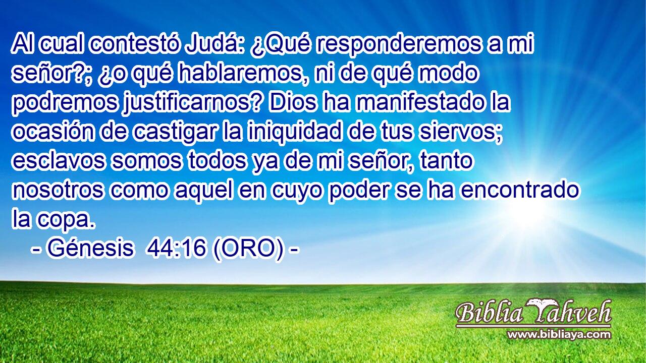 Al cual contestó Judá: ¿Qué responderemos a mi señor?; ¿o qué hablaremos, ni de qué modo podremos justificarnos? Dios ha manifestado la ocasión de castigar la iniquidad de tus siervos; esclavos somos todos ya de mi señor, tanto nosotros como aquel en cuyo poder se ha encontrado la copa. 
