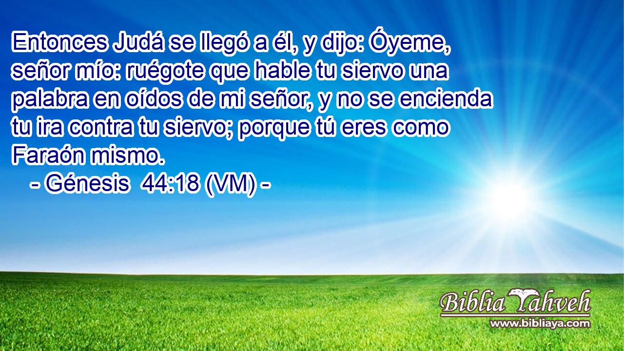  Entonces Judá se llegó a él, y dijo: Óyeme, señor mío: ruégote que hable tu siervo una palabra en oídos de mi señor, y no se encienda tu ira contra tu siervo; porque tú eres como Faraón mismo. 