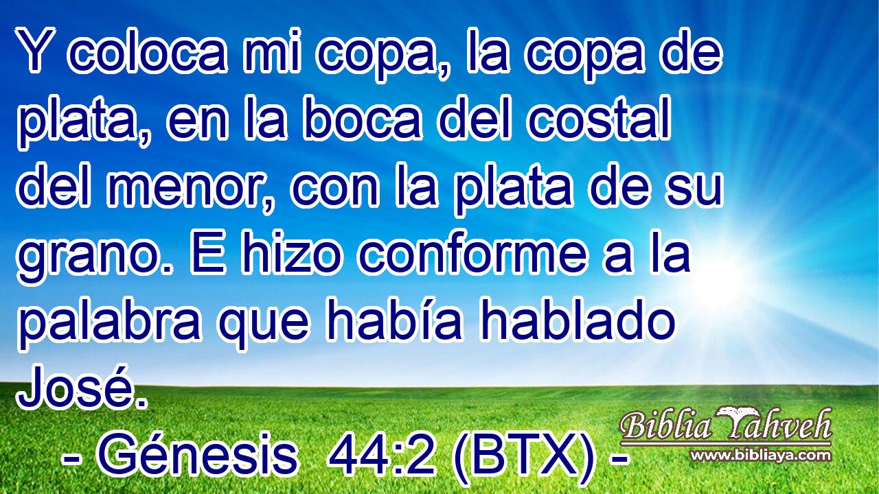 Y coloca mi copa, la copa de plata, en la boca del costal del menor, con la plata de su grano. E hizo conforme a la palabra que había hablado José.