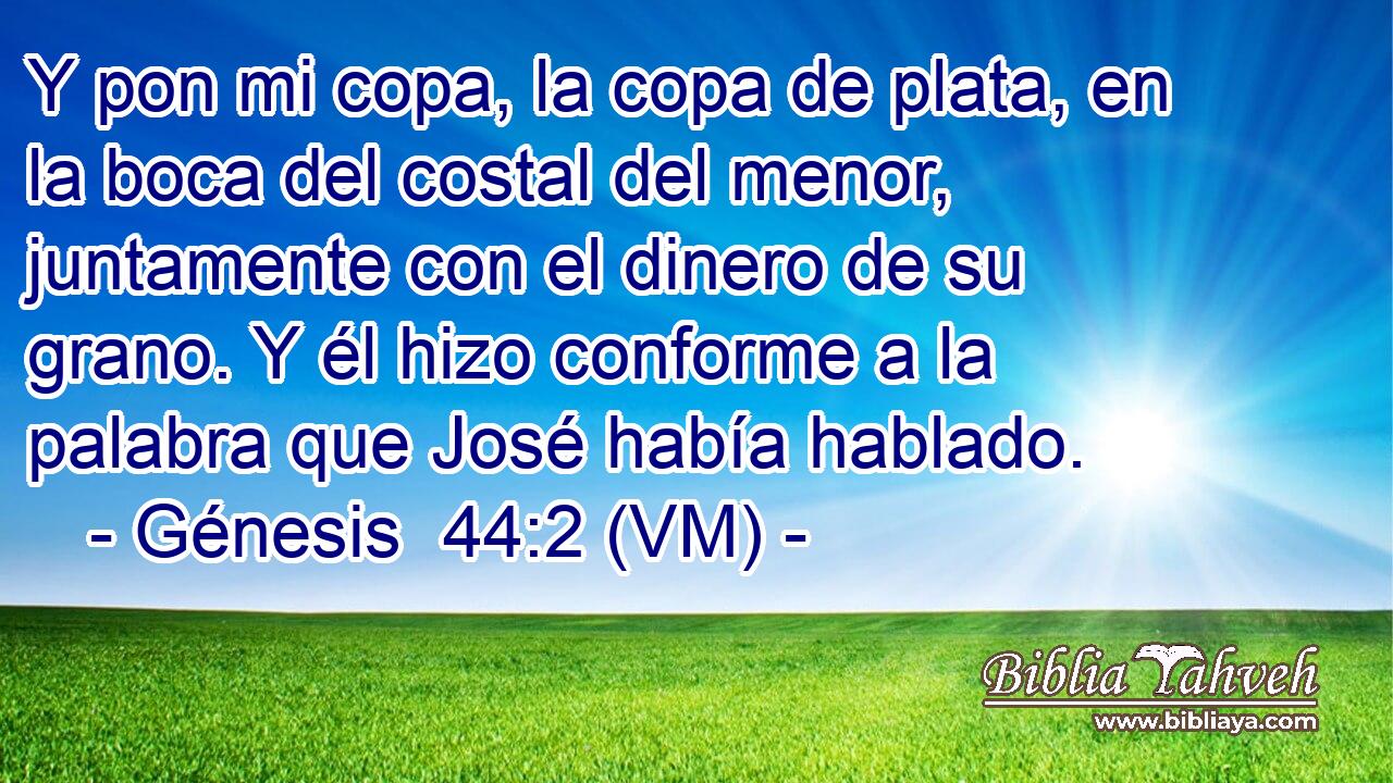  Y pon mi copa, la copa de plata, en la boca del costal del menor, juntamente con el dinero de su grano. Y él hizo conforme a la palabra que José había hablado. 