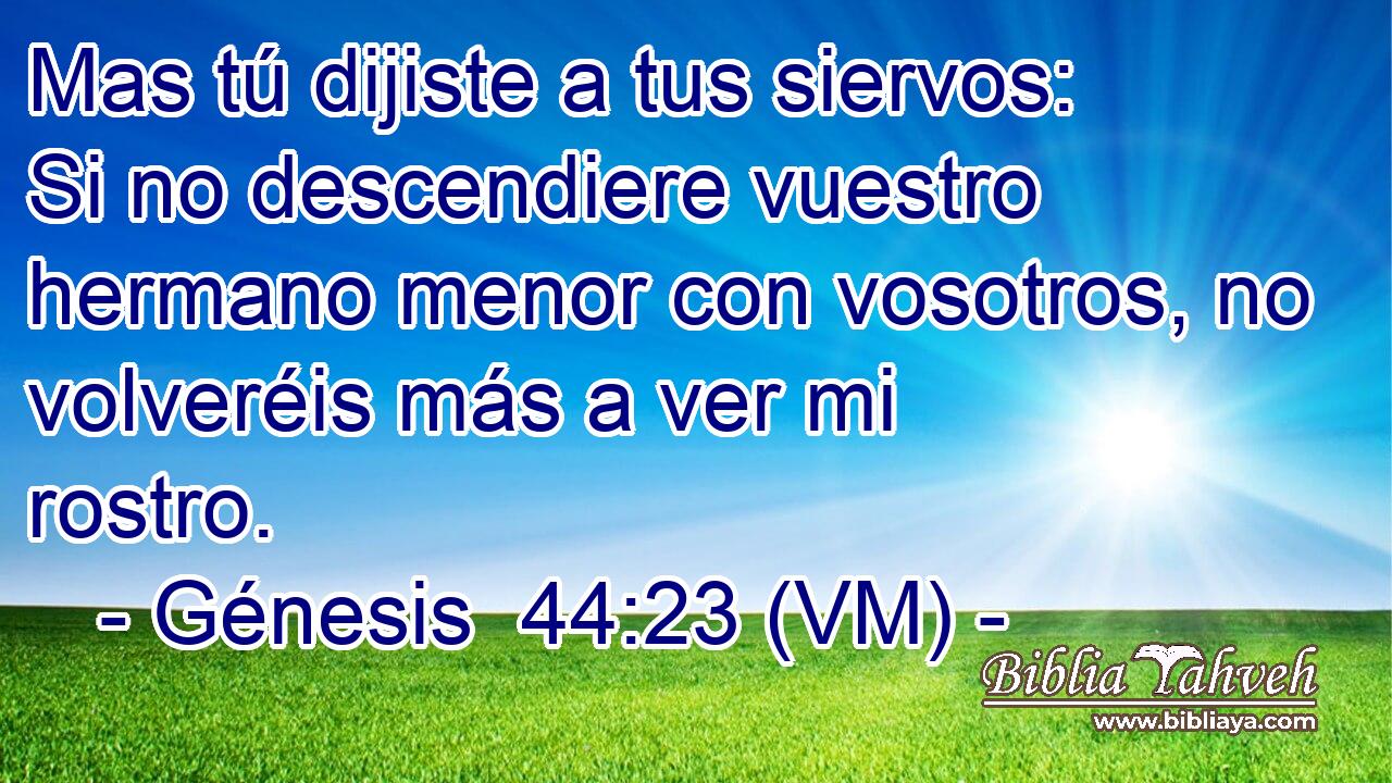  Mas tú dijiste a tus siervos: Si no descendiere vuestro hermano menor con vosotros, no volveréis más a ver mi rostro. 