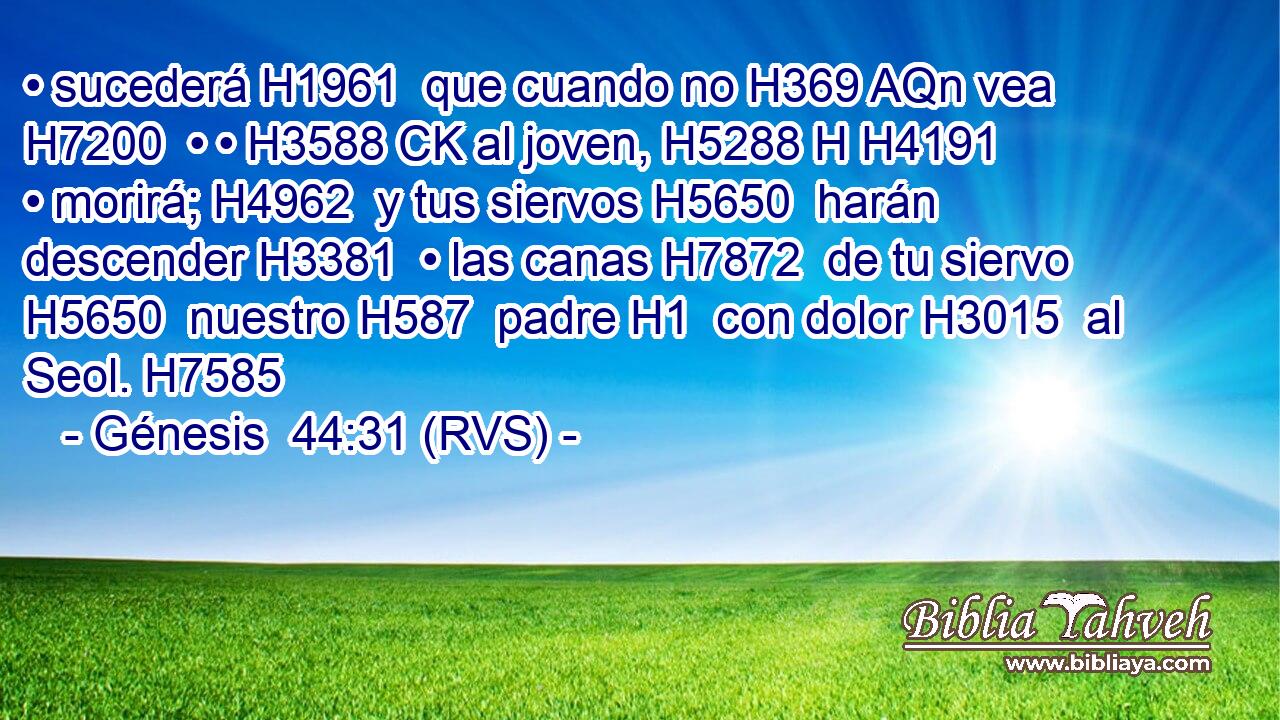 • sucederá H1961  que cuando no H369 AQn vea H7200  • • H3588 CK al joven, H5288 H H4191 • morirá; H4962  y tus siervos H5650  harán descender H3381  • las canas H7872  de tu siervo H5650  nuestro H587  padre H1  con dolor H3015  al Seol. H7585  