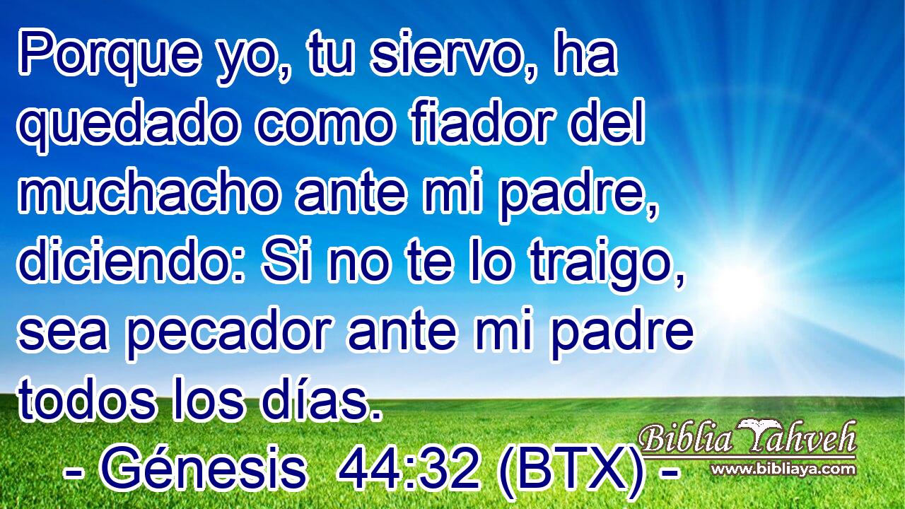 Porque yo, tu siervo, ha quedado como fiador del muchacho ante mi padre, diciendo: Si no te lo traigo, sea pecador ante mi padre todos los días.