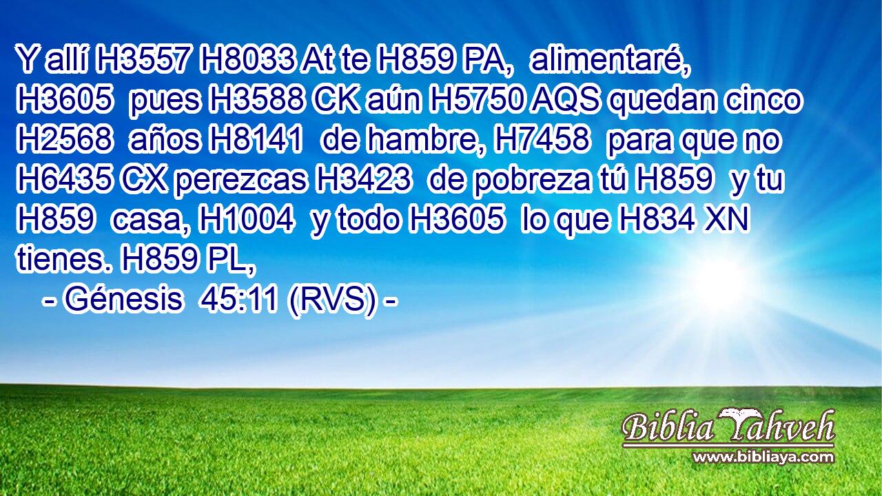 Y allí H3557 H8033 At te H859 PA,  alimentaré, H3605  pues H3588 CK aún H5750 AQS quedan cinco H2568  años H8141  de hambre, H7458  para que no H6435 CX perezcas H3423  de pobreza tú H859  y tu H859  casa, H1004  y todo H3605  lo que H834 XN tienes. H859 PL,  
