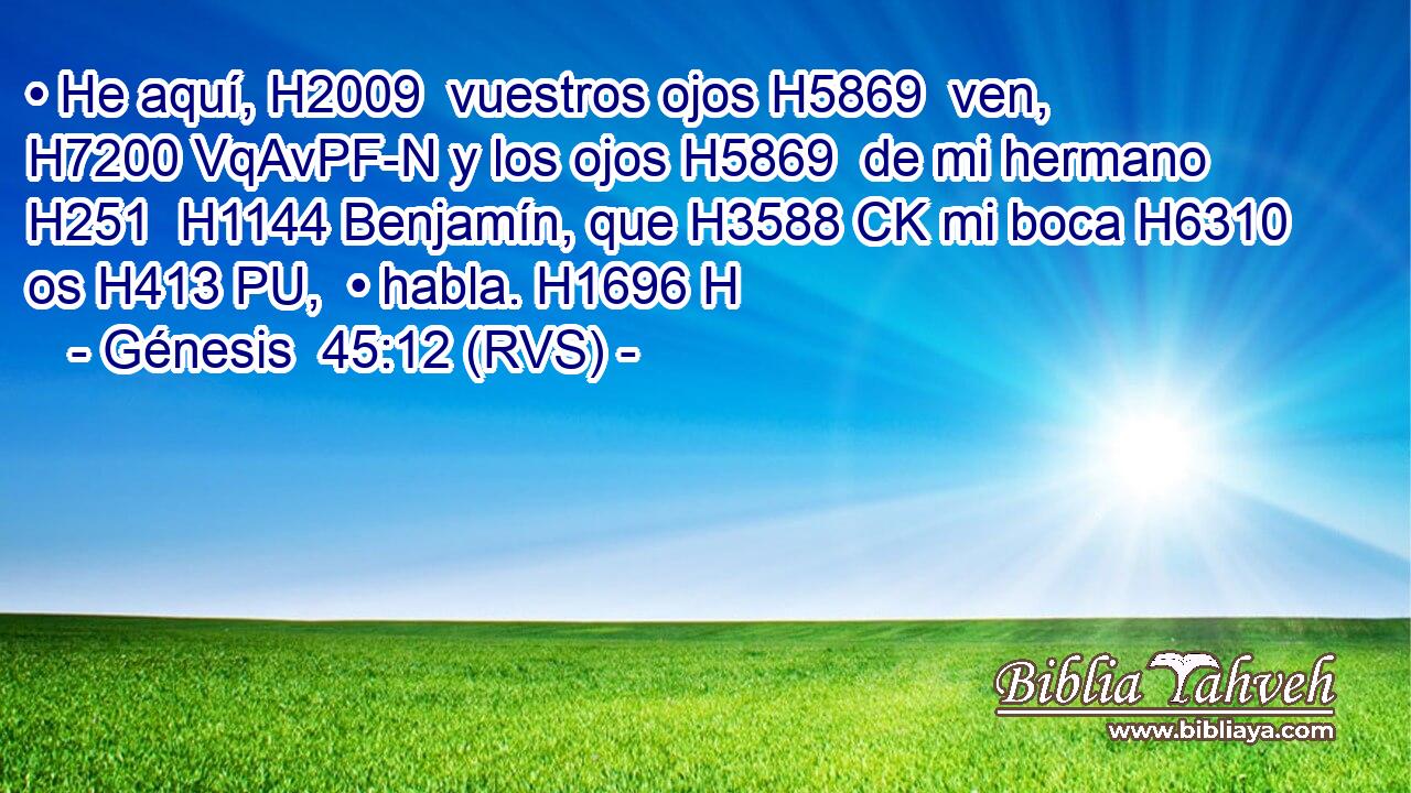 • He aquí, H2009  vuestros ojos H5869  ven, H7200 VqAvPF-N y los ojos H5869  de mi hermano H251  H1144 Benjamín, que H3588 CK mi boca H6310  os H413 PU,  • habla. H1696 H 