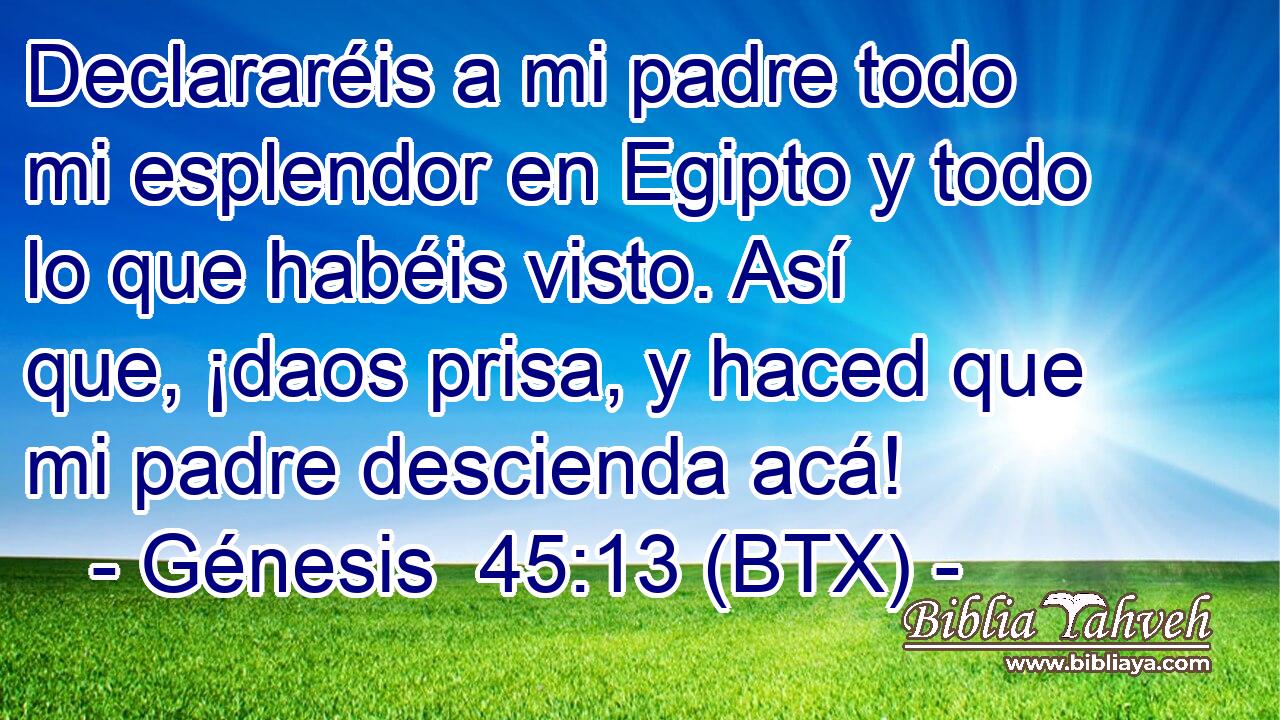 Declararéis a mi padre todo mi esplendor en Egipto y todo lo que habéis visto. Así que, ¡daos prisa, y haced que mi padre descienda acá!