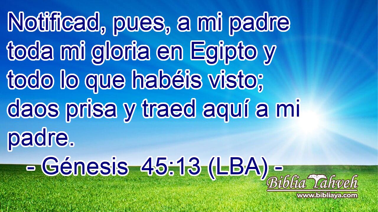 Notificad, pues, a mi padre toda mi gloria en Egipto y todo lo que habéis visto; daos prisa y traed aquí a mi padre.