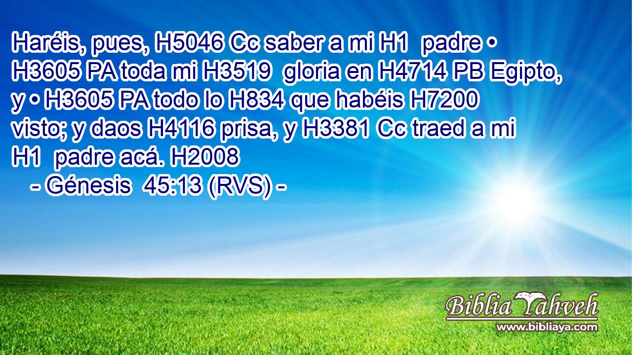 Haréis, pues, H5046 Cc saber a mi H1  padre • H3605 PA toda mi H3519  gloria en H4714 PB Egipto, y • H3605 PA todo lo H834 que habéis H7200 visto; y daos H4116 prisa, y H3381 Cc traed a mi H1  padre acá. H2008 