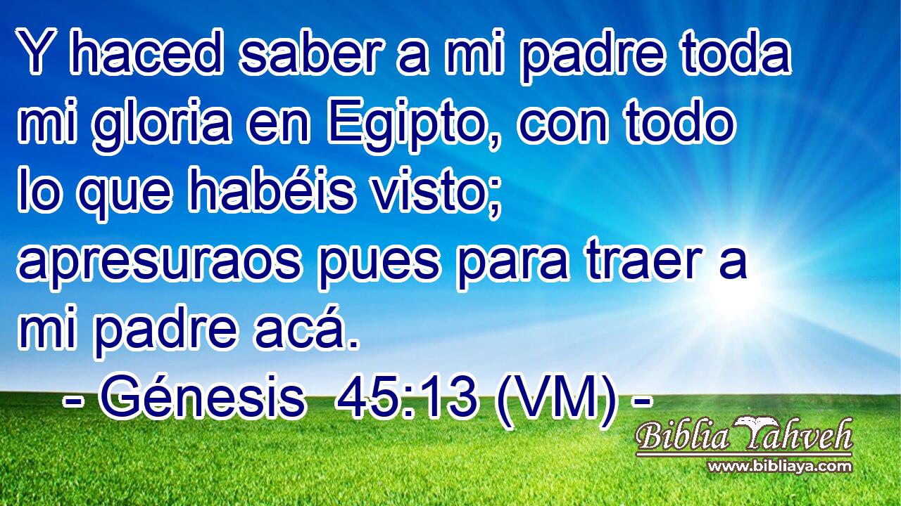  Y haced saber a mi padre toda mi gloria en Egipto, con todo lo que habéis visto; apresuraos pues para traer a mi padre acá. 