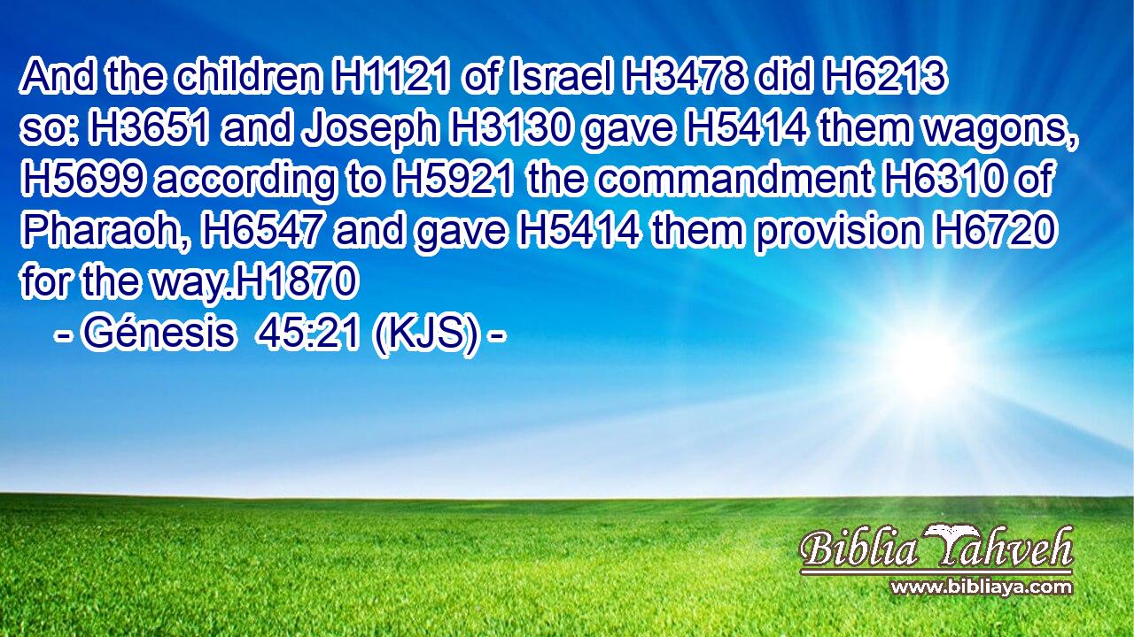 And the children H1121 of Israel H3478 did H6213 so: H3651 and Joseph H3130 gave H5414 them wagons, H5699 according to H5921 the commandment H6310 of Pharaoh, H6547 and gave H5414 them provision H6720 for the way.H1870