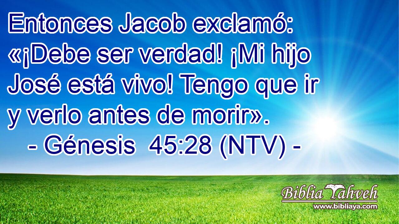 Entonces Jacob exclamó: «¡Debe ser verdad! ¡Mi hijo José está vivo! Tengo que ir y verlo antes de morir».