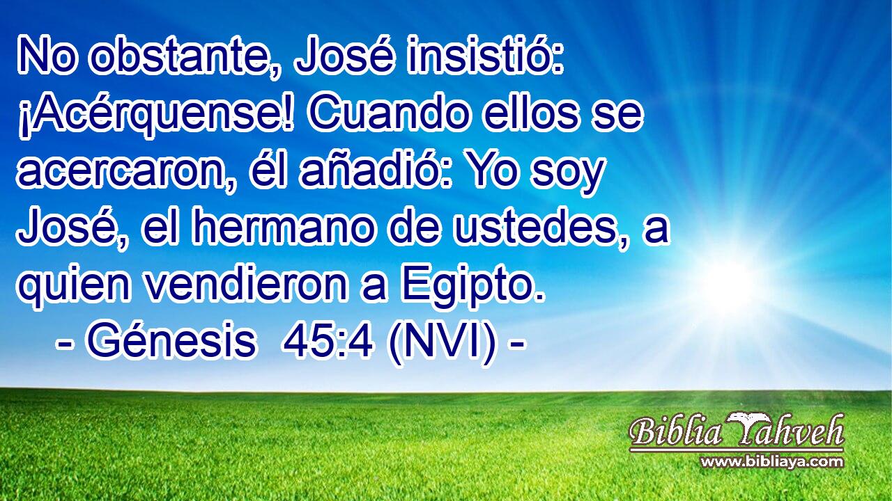  No obstante, José insistió: ¡Acérquense! Cuando ellos se acercaron, él añadió: Yo soy José, el hermano de ustedes, a quien vendieron a Egipto. 