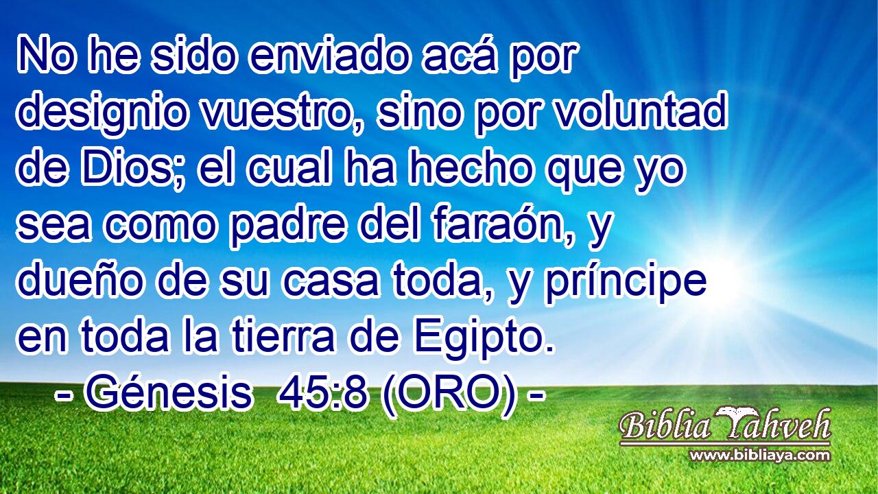  No he sido enviado acá por designio vuestro, sino por voluntad de Dios; el cual ha hecho que yo sea como padre del faraón, y dueño de su casa toda, y príncipe en toda la tierra de Egipto. 