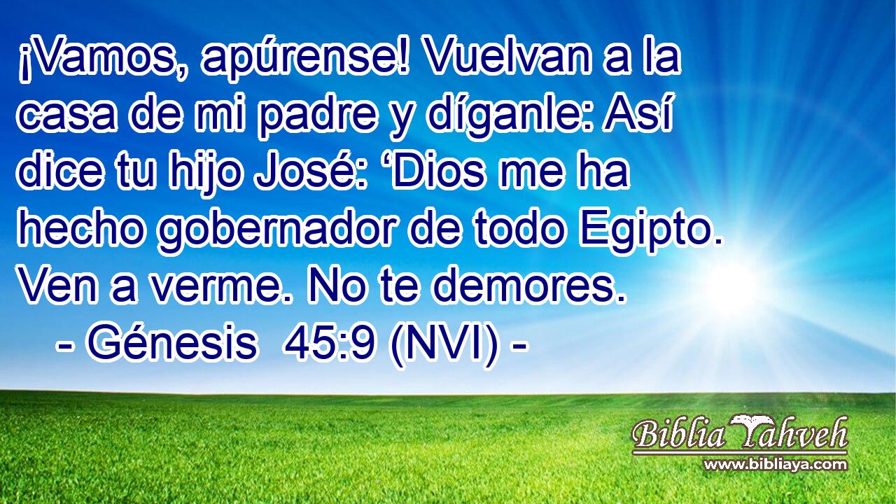  ¡Vamos, apúrense! Vuelvan a la casa de mi padre y díganle: Así dice tu hijo José: ‘Dios me ha hecho gobernador de todo Egipto. Ven a verme. No te demores. 