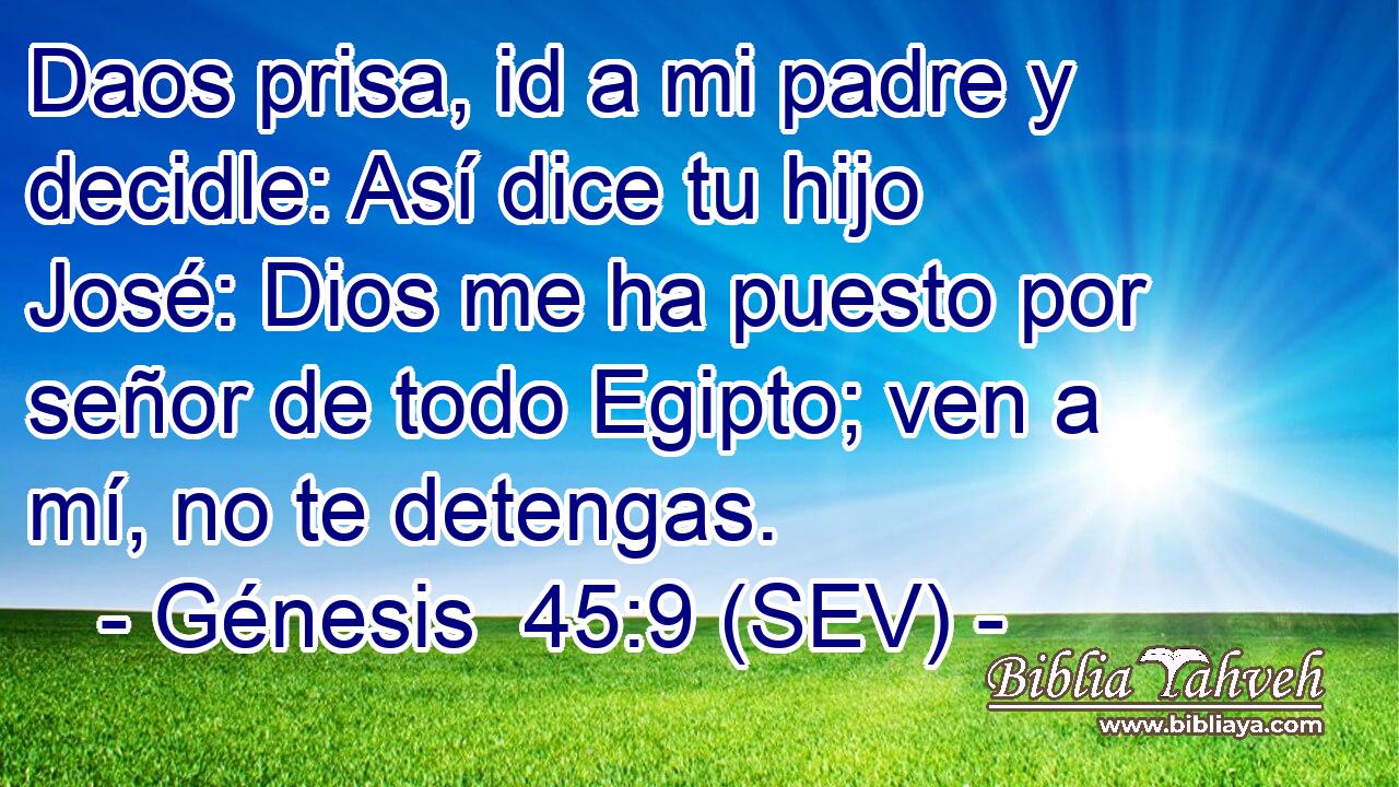 Daos prisa, id a mi padre y decidle: Así dice tu hijo José: Dios me ha puesto por señor de todo Egipto; ven a mí, no te detengas.
