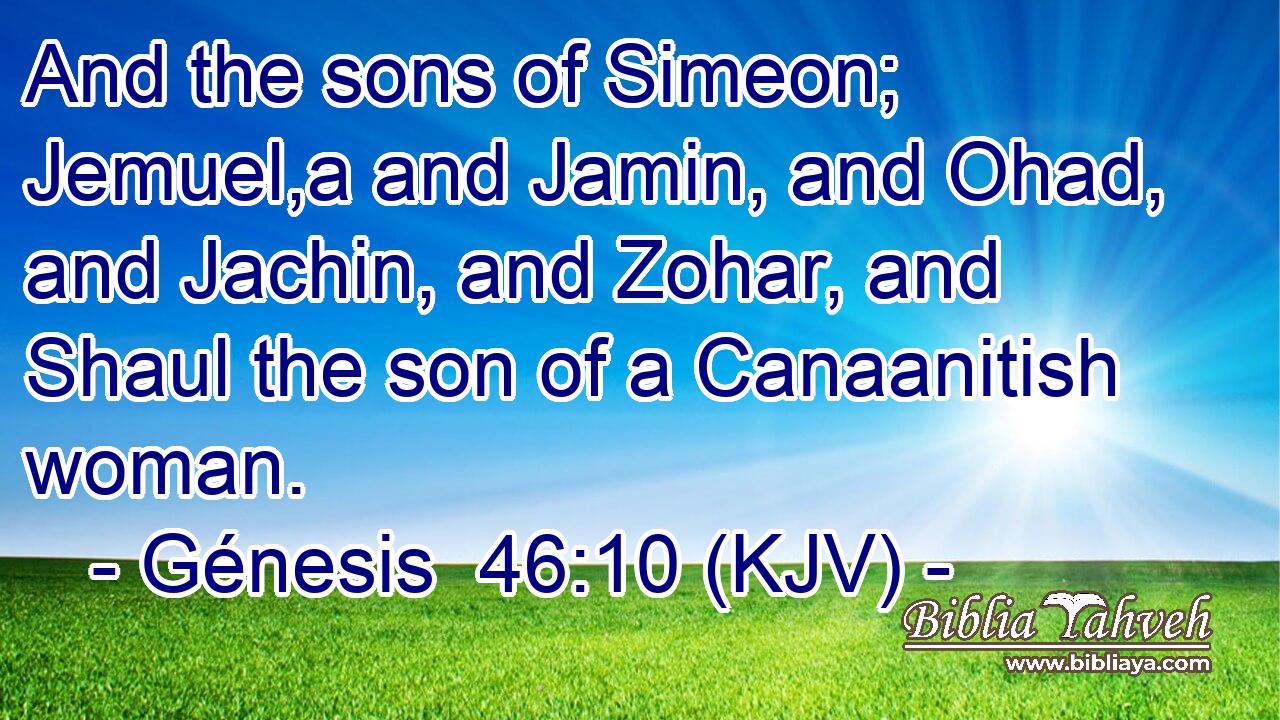 And the sons of Simeon; Jemuel,a and Jamin, and Ohad, and Jachin, and Zohar, and Shaul the son of a Canaanitish woman.