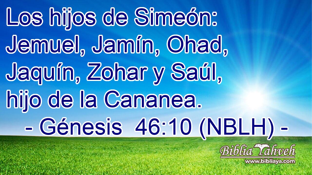  Los hijos de Simeón: Jemuel, Jamín, Ohad, Jaquín, Zohar y Saúl, hijo de la Cananea. 
