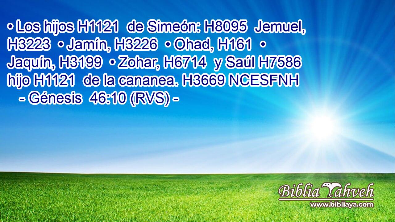 • Los hijos H1121  de Simeón: H8095  Jemuel, H3223  • Jamín, H3226  • Ohad, H161  • Jaquín, H3199  • Zohar, H6714  y Saúl H7586  hijo H1121  de la cananea. H3669 NCESFNH 