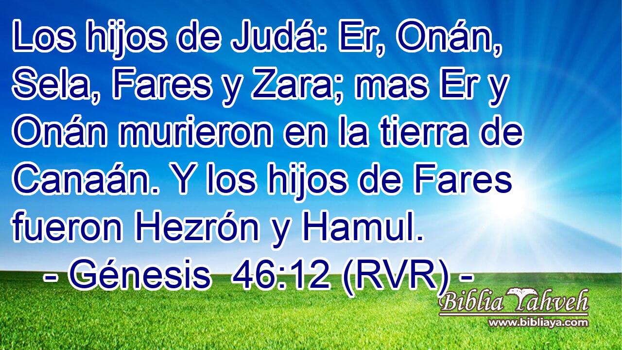 Los hijos de Judá: Er, Onán, Sela, Fares y Zara; mas Er y Onán murieron en la tierra de Canaán. Y los hijos de Fares fueron Hezrón y Hamul.