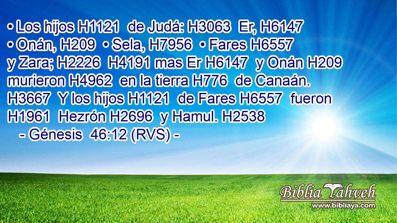 • Los hijos H1121  de Judá: H3063  Er, H6147  • Onán, H209  • Sela, H7956  • Fares H6557  y Zara; H2226  H4191 mas Er H6147  y Onán H209  murieron H4962  en la tierra H776  de Canaán. H3667  Y los hijos H1121  de Fares H6557  fueron H1961  Hezrón H2696  y Hamul. H2538  