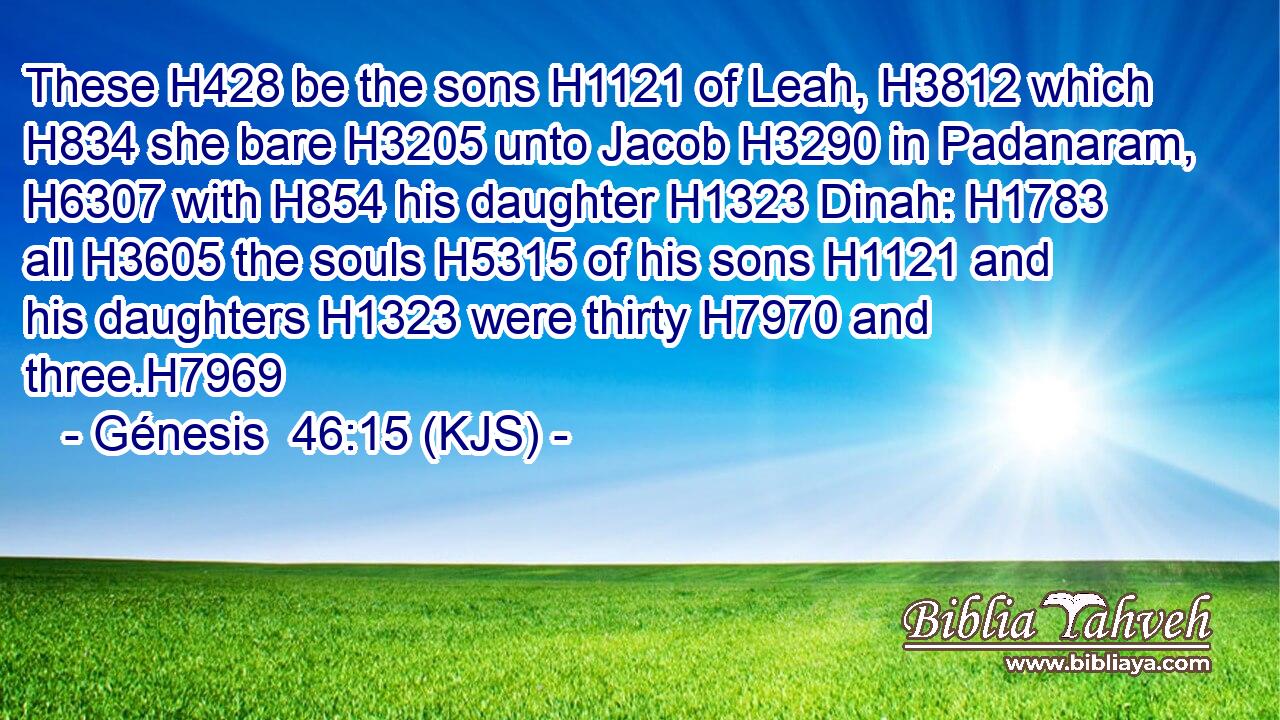 These H428 be the sons H1121 of Leah, H3812 which H834 she bare H3205 unto Jacob H3290 in Padanaram, H6307 with H854 his daughter H1323 Dinah: H1783 all H3605 the souls H5315 of his sons H1121 and his daughters H1323 were thirty H7970 and three.H7969