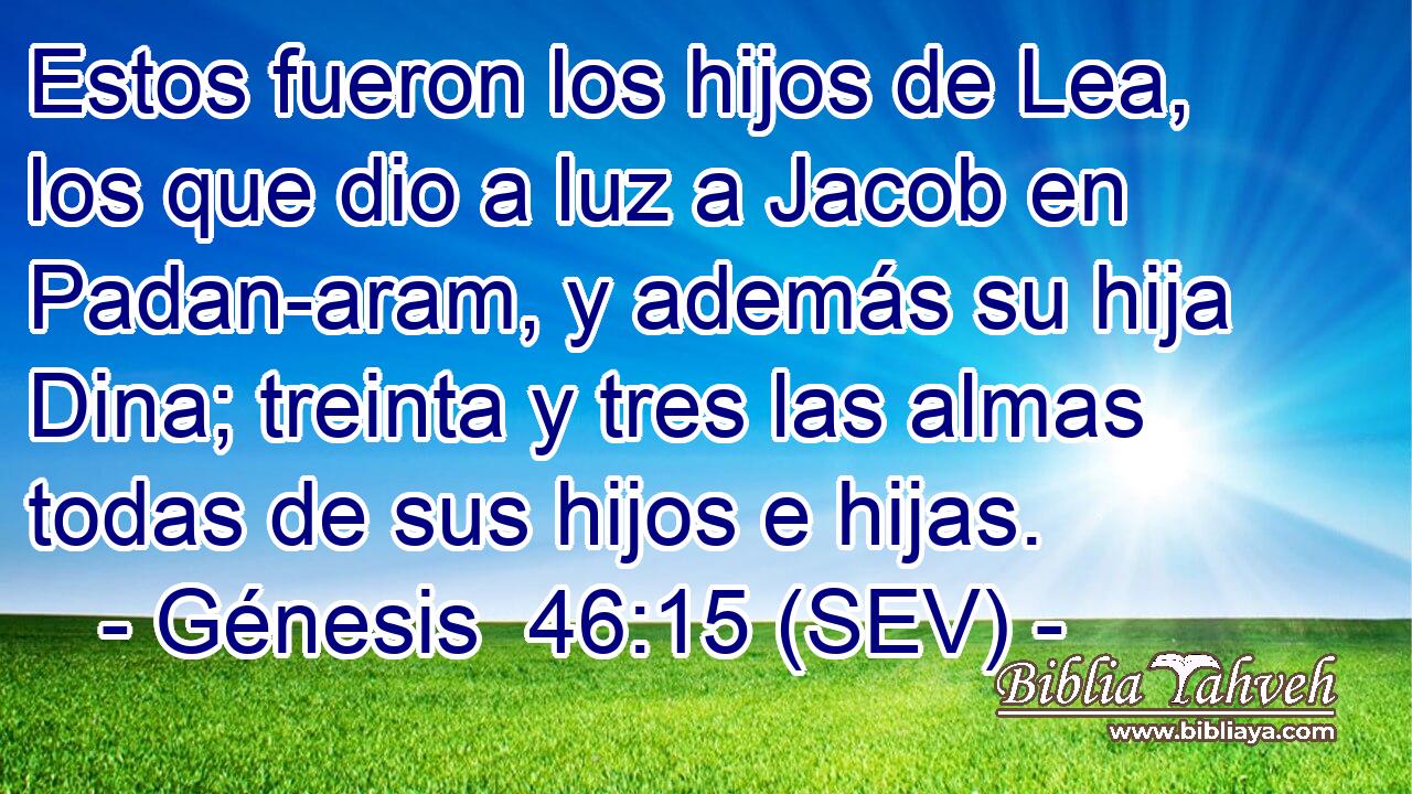 Estos fueron los hijos de Lea, los que dio a luz a Jacob en Padan-aram, y además su hija Dina; treinta y tres las almas todas de sus hijos e hijas.