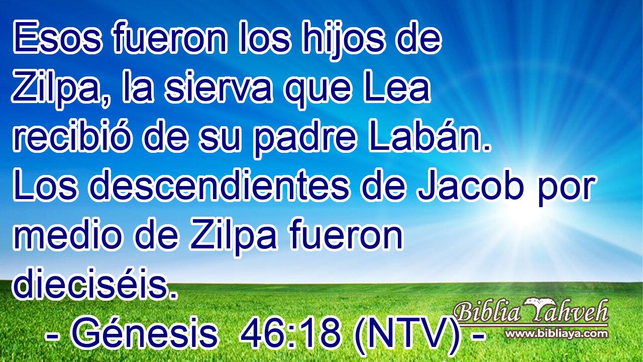 Esos fueron los hijos de Zilpa, la sierva que Lea recibió de su padre Labán. Los descendientes de Jacob por medio de Zilpa fueron dieciséis.
