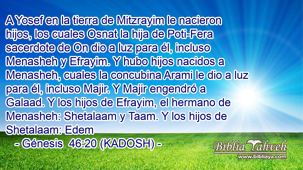  A Yosef en la tierra de Mitzrayim le nacieron hijos, los cuales Osnat la hija de Poti-Fera sacerdote de On dio a luz para él, incluso Menasheh y Efrayim. Y hubo hijos nacidos a Menasheh, cuales la concubina Arami le dio a luz para él, incluso Majir. Y Majir engendró a Galaad. Y los hijos de Efrayim, el hermano de Menasheh: Shetalaam y Taam. Y los hijos de Shetalaam: Edem 