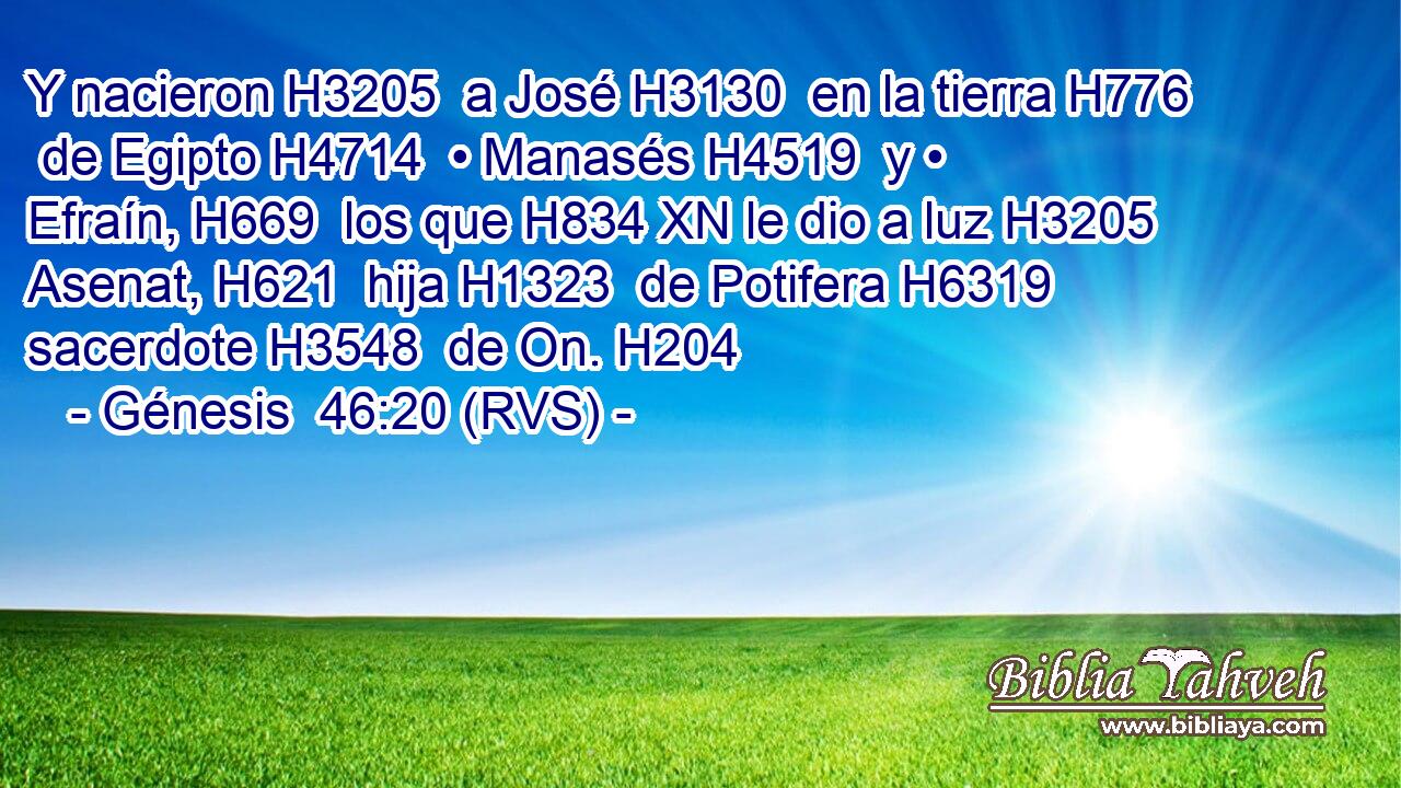 Y nacieron H3205  a José H3130  en la tierra H776  de Egipto H4714  • Manasés H4519  y • Efraín, H669  los que H834 XN le dio a luz H3205  Asenat, H621  hija H1323  de Potifera H6319  sacerdote H3548  de On. H204  