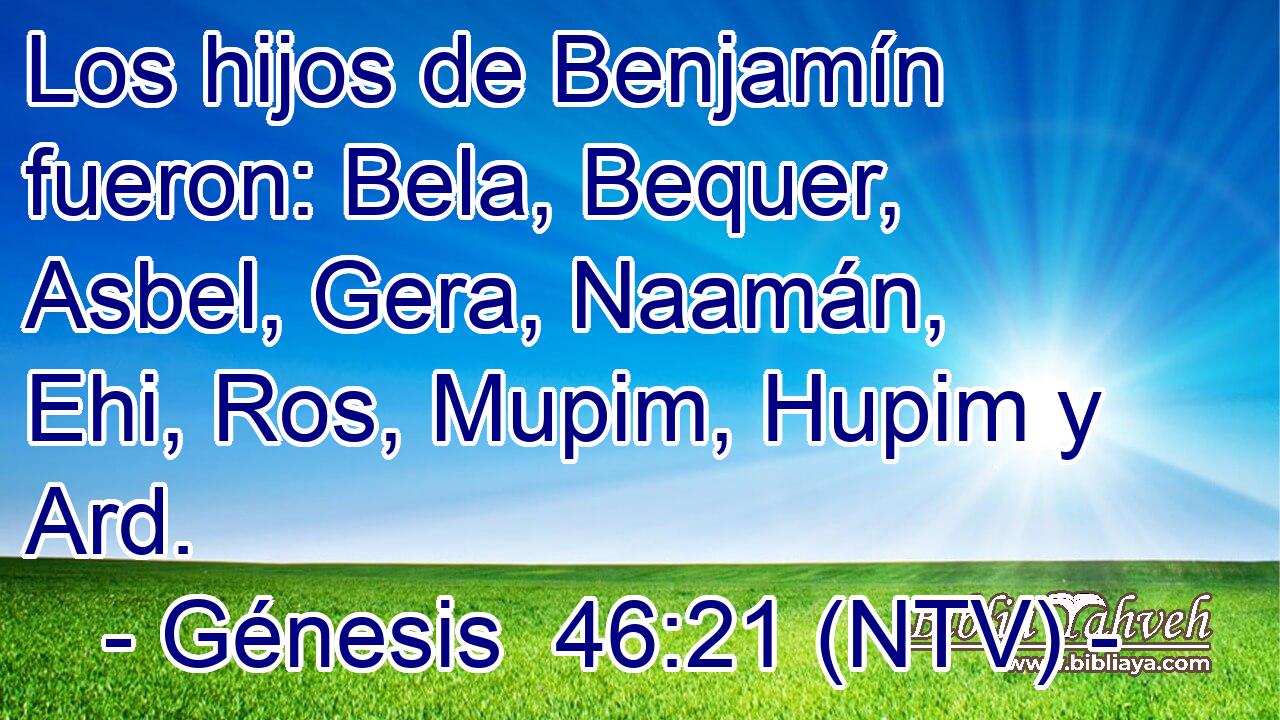 Los hijos de Benjamín fueron: Bela, Bequer, Asbel, Gera, Naamán, Ehi, Ros, Mupim, Hupim y Ard.