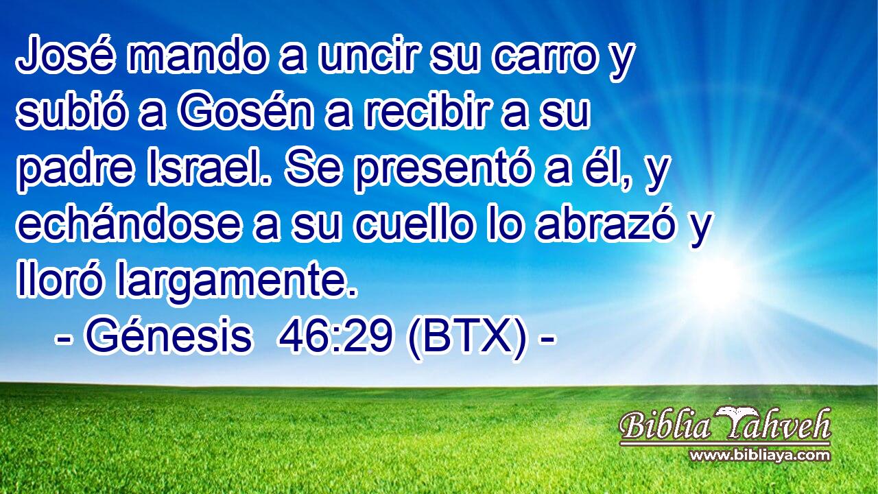 José mando a uncir su carro y subió a Gosén a recibir a su padre Israel. Se presentó a él, y echándose a su cuello lo abrazó y lloró largamente.