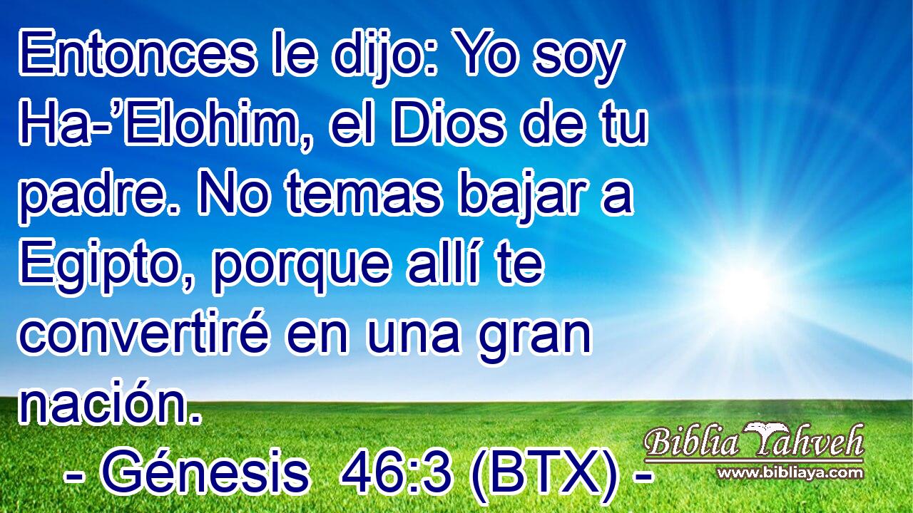 Entonces le dijo: Yo soy Ha-’Elohim, el Dios de tu padre. No temas bajar a Egipto, porque allí te convertiré en una gran nación.