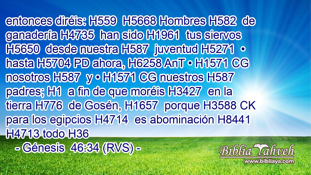 entonces diréis: H559  H5668 Hombres H582  de ganadería H4735  han sido H1961  tus siervos H5650  desde nuestra H587  juventud H5271  • hasta H5704 PD ahora, H6258 AnT • H1571 CG nosotros H587  y • H1571 CG nuestros H587  padres; H1  a fin de que moréis H3427  en la tierra H776  de Gosén, H1657  porque H3588 CK para los egipcios H4714  es abominación H8441  H4713 todo H36