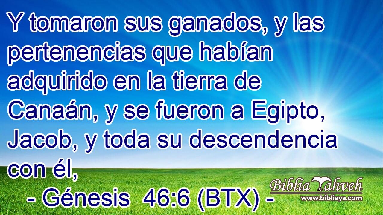 Y tomaron sus ganados, y las pertenencias que habían adquirido en la tierra de Canaán, y se fueron a Egipto, Jacob, y toda su descendencia con él,