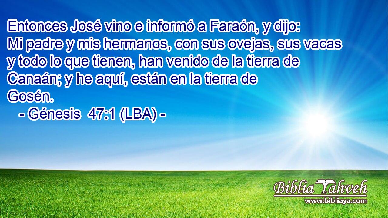 Entonces José vino e informó a Faraón, y dijo: Mi padre y mis hermanos, con sus ovejas, sus vacas y todo lo que tienen, han venido de la tierra de Canaán; y he aquí, están en la tierra de Gosén.