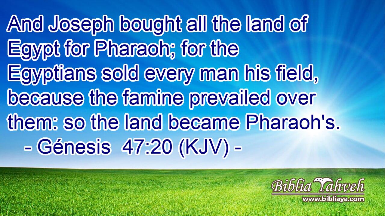 And Joseph bought all the land of Egypt for Pharaoh; for the Egyptians sold every man his field, because the famine prevailed over them: so the land became Pharaoh's.