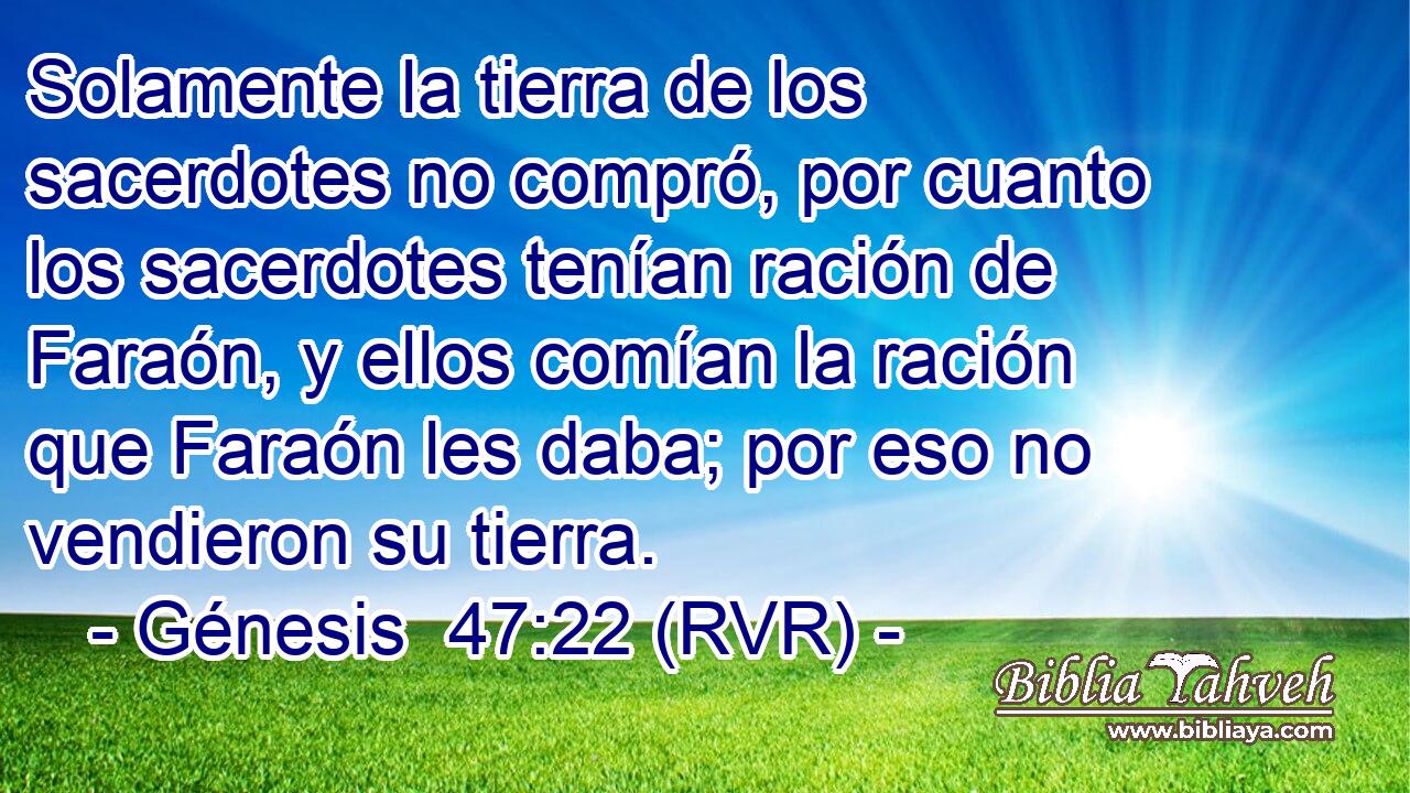 Solamente la tierra de los sacerdotes no compró, por cuanto los sacerdotes tenían ración de Faraón, y ellos comían la ración que Faraón les daba; por eso no vendieron su tierra.