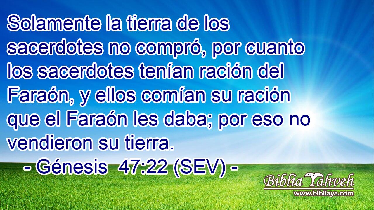 Solamente la tierra de los sacerdotes no compró, por cuanto los sacerdotes tenían ración del Faraón, y ellos comían su ración que el Faraón les daba; por eso no vendieron su tierra.