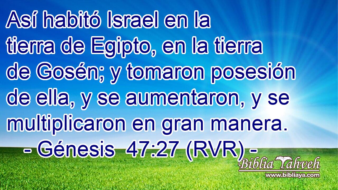 Así habitó Israel en la tierra de Egipto, en la tierra de Gosén; y tomaron posesión de ella, y se aumentaron, y se multiplicaron en gran manera.