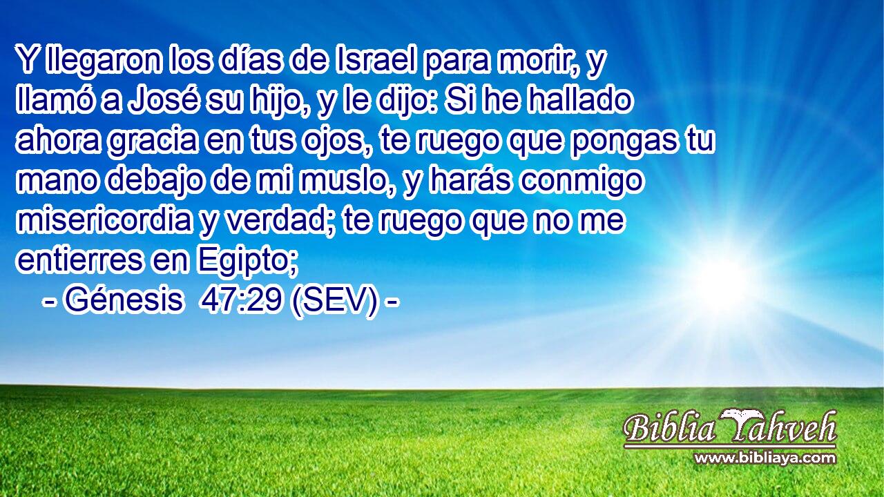 Y llegaron los días de Israel para morir, y llamó a José su hijo, y le dijo: Si he hallado ahora gracia en tus ojos, te ruego que pongas tu mano debajo de mi muslo, y harás conmigo misericordia y verdad; te ruego que no me entierres en Egipto;