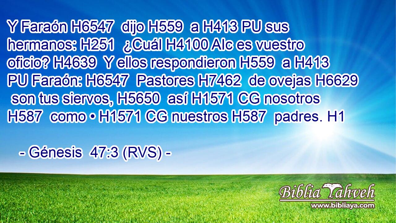 Y Faraón H6547  dijo H559  a H413 PU sus hermanos: H251  ¿Cuál H4100 AIc es vuestro oficio? H4639  Y ellos respondieron H559  a H413 PU Faraón: H6547  Pastores H7462  de ovejas H6629  son tus siervos, H5650  así H1571 CG nosotros H587  como • H1571 CG nuestros H587  padres. H1  