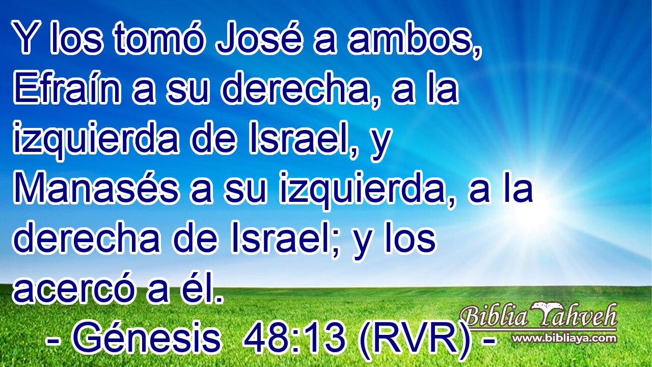 Y los tomó José a ambos, Efraín a su derecha, a la izquierda de Israel, y Manasés a su izquierda, a la derecha de Israel; y los acercó a él.