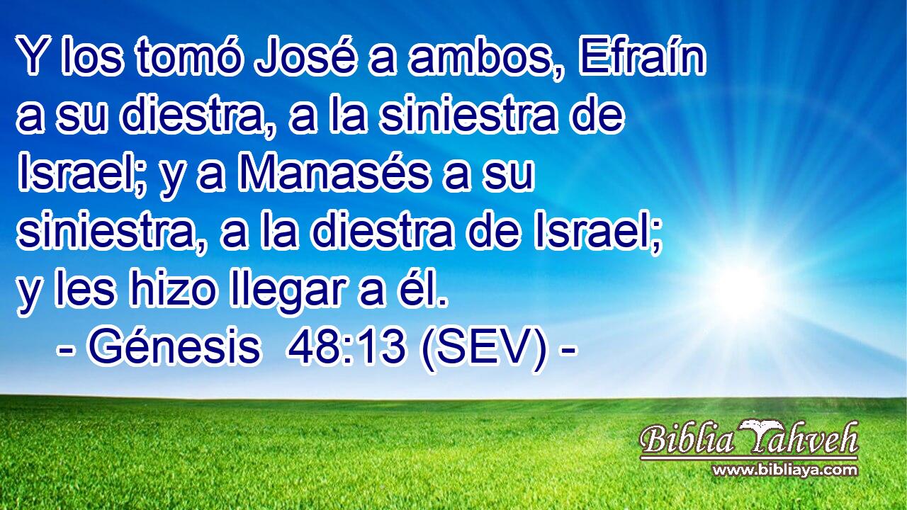 Y los tomó José a ambos, Efraín a su diestra, a la siniestra de Israel; y a Manasés a su siniestra, a la diestra de Israel; y les hizo llegar a él.