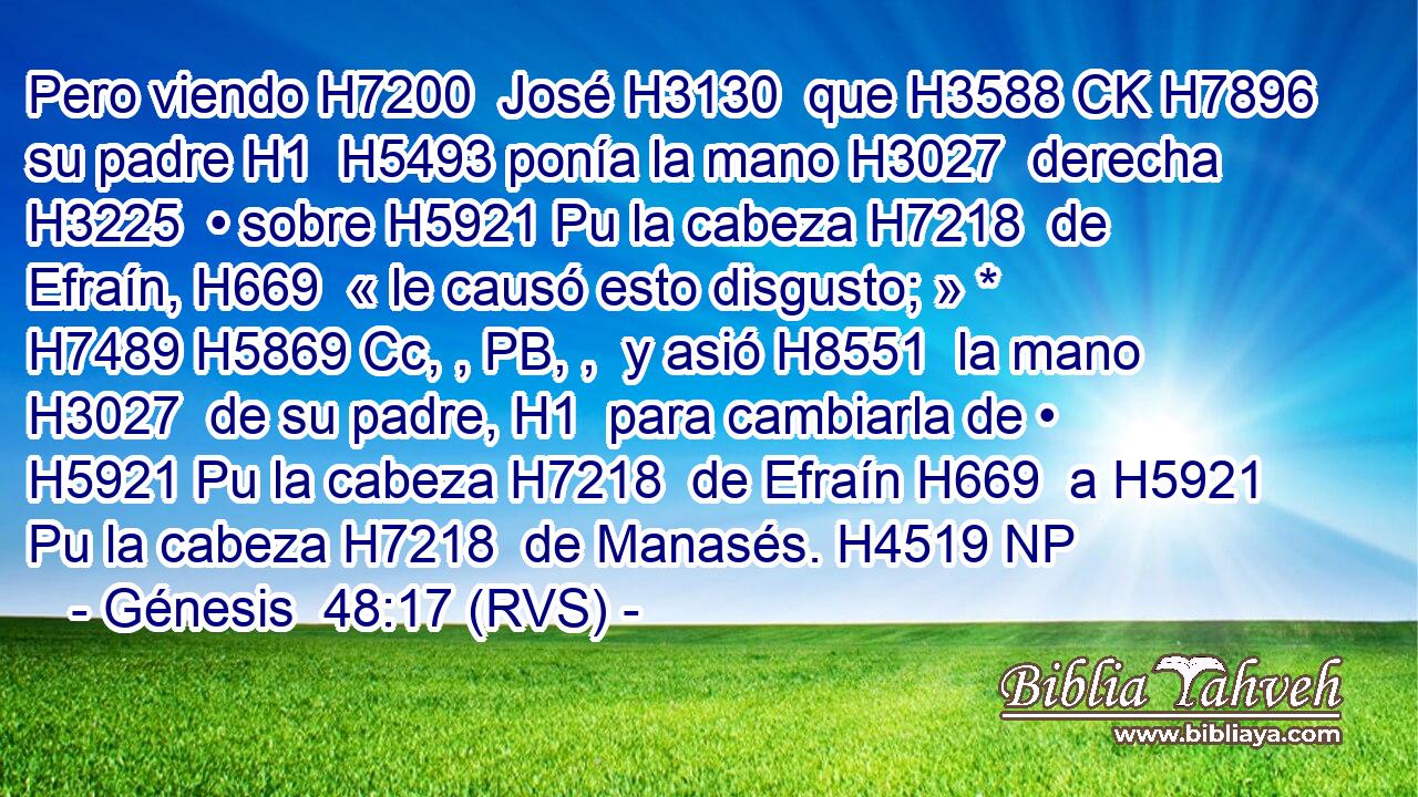 Pero viendo H7200  José H3130  que H3588 CK H7896 su padre H1  H5493 ponía la mano H3027  derecha H3225  • sobre H5921 Pu la cabeza H7218  de Efraín, H669  « le causó esto disgusto; » * H7489 H5869 Cc, , PB, ,  y asió H8551  la mano H3027  de su padre, H1  para cambiarla de • H5921 Pu la cabeza H7218  de Efraín H669  a H5921 Pu la cabeza H7218  de Manasés. H4519 NP