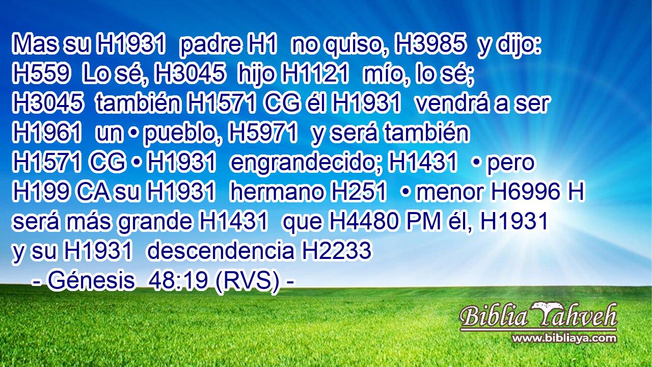 Mas su H1931  padre H1  no quiso, H3985  y dijo: H559  Lo sé, H3045  hijo H1121  mío, lo sé; H3045  también H1571 CG él H1931  vendrá a ser H1961  un • pueblo, H5971  y será también H1571 CG • H1931  engrandecido; H1431  • pero H199 CA su H1931  hermano H251  • menor H6996 H será más grande H1431  que H4480 PM él, H1931  y su H1931  descendencia H2233 