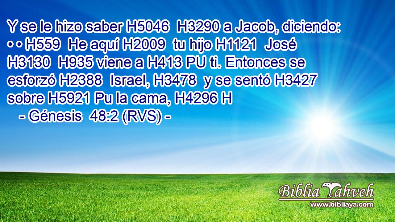Y se le hizo saber H5046  H3290 a Jacob, diciendo: • • H559  He aquí H2009  tu hijo H1121  José H3130  H935 viene a H413 PU ti. Entonces se esforzó H2388  Israel, H3478  y se sentó H3427  sobre H5921 Pu la cama, H4296 H 